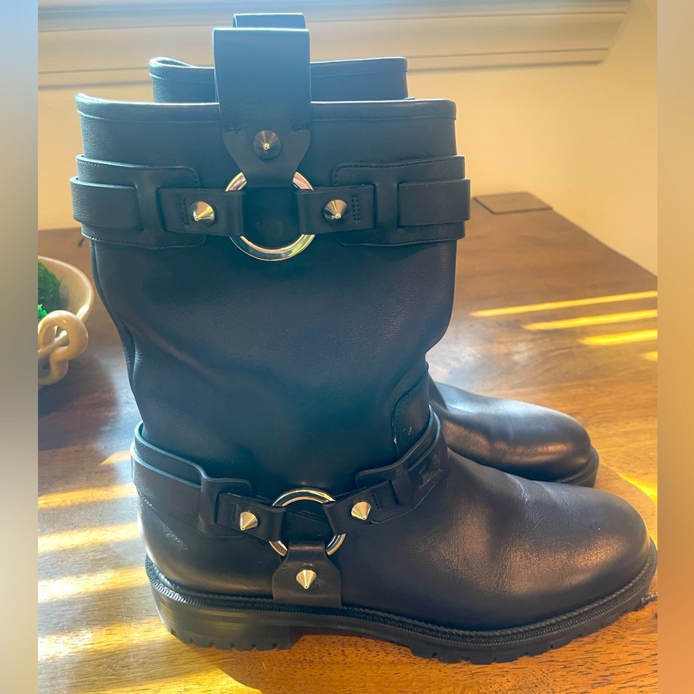 Christian Louboutin Black Leather Studded Combat Motorcycle Biker Flat Boots